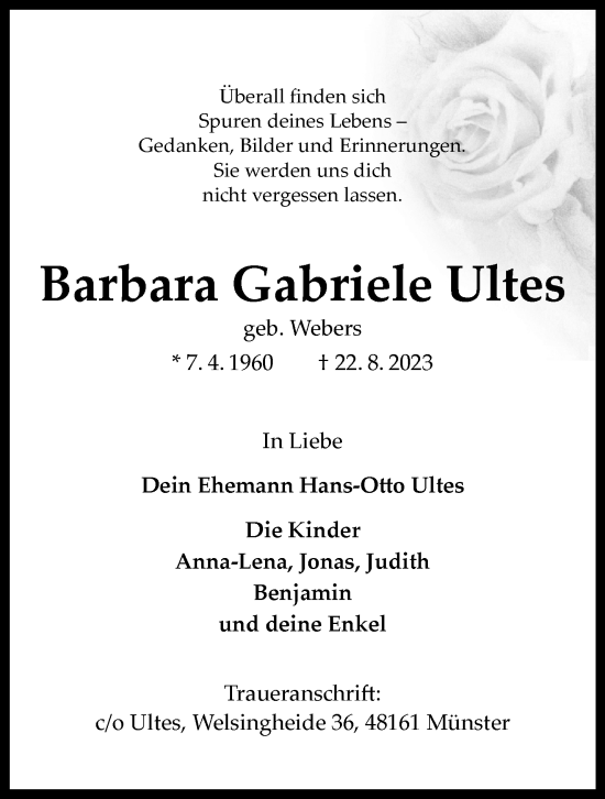 Anzeige von Barbara Gabriele Ultes  von Hans-Otto Ultes