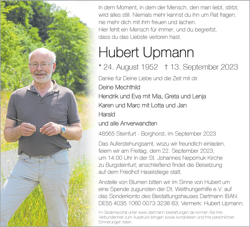  Traueranzeige für Hubert Upmann vom 16.09.2023 aus 