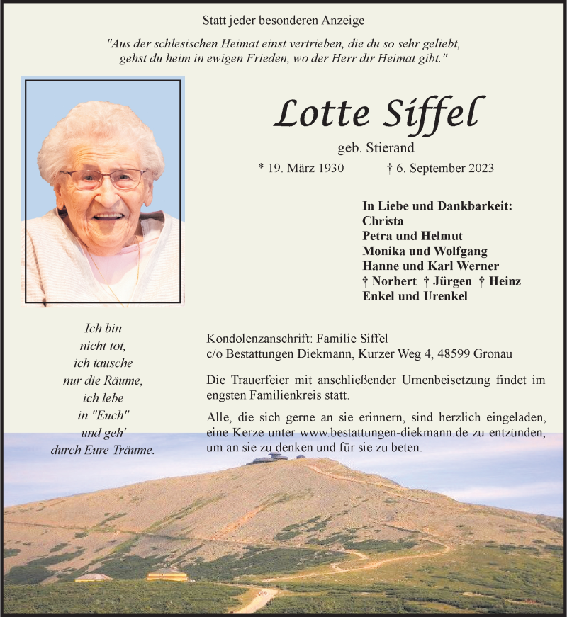  Traueranzeige für Lotte Siffel vom 12.09.2023 aus 