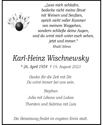 Anzeige von Karl-Heinz Wischnewsky 