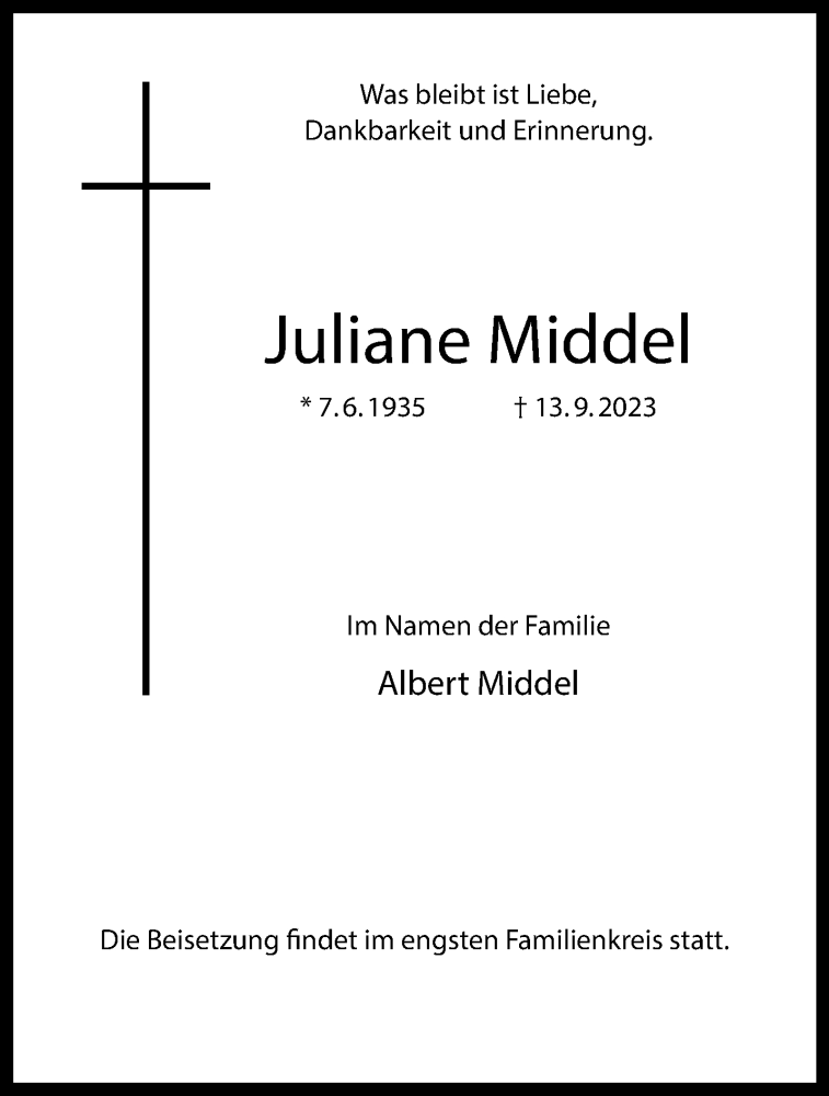  Traueranzeige für Juliane Middel vom 16.09.2023 aus 
