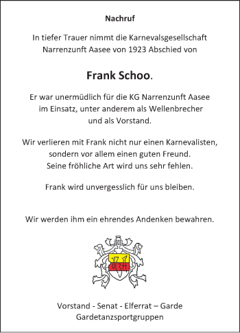 Anzeige von Frank Schoo 