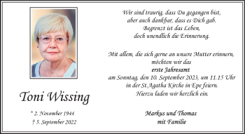 Anzeige von Toni Wissing 