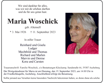 Anzeige von Maria Woschick 