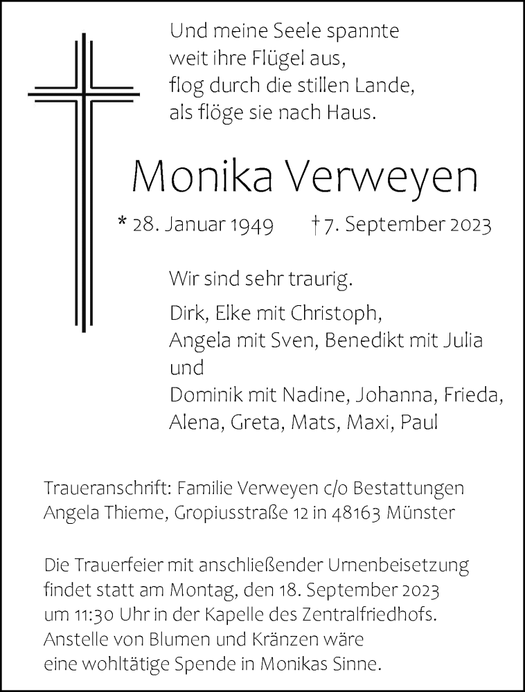  Traueranzeige für Monika Verweyen vom 09.09.2023 aus 
