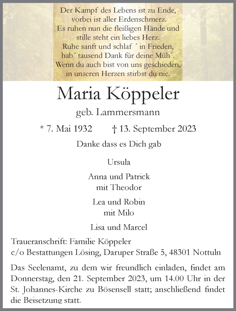  Traueranzeige für Maria Köppeler vom 19.09.2023 aus 