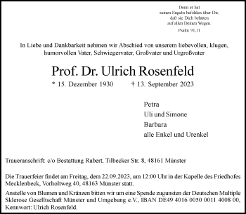 Anzeige von Prof. Dr. Ulrich Rosenfeld 