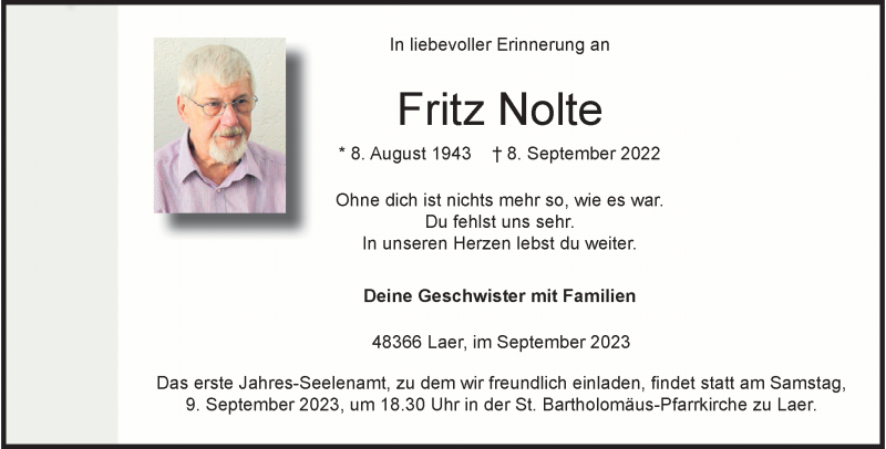  Traueranzeige für Fritz Nolte vom 02.09.2023 aus 