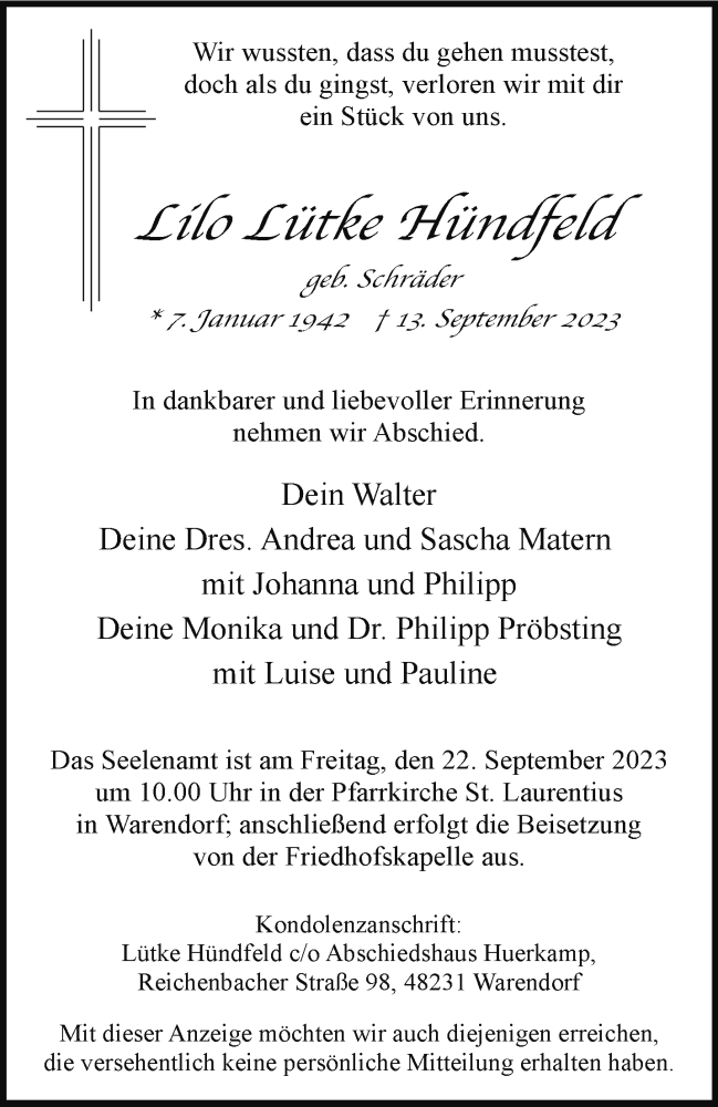  Traueranzeige für Lilo Lütke Hündfeld vom 16.09.2023 aus 