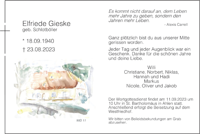  Traueranzeige für Elfriede Gieske vom 09.09.2023 aus 