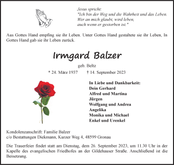 Anzeige von Irmgard Balzer 