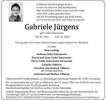 Anzeige von Gabriele Jürgens 