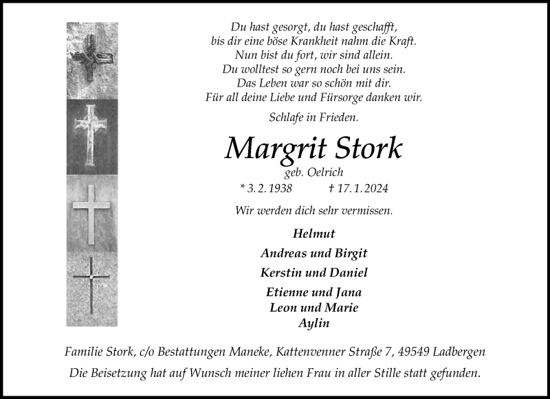 Traueranzeige für Margrit Stork vom 24.01.2024 aus 