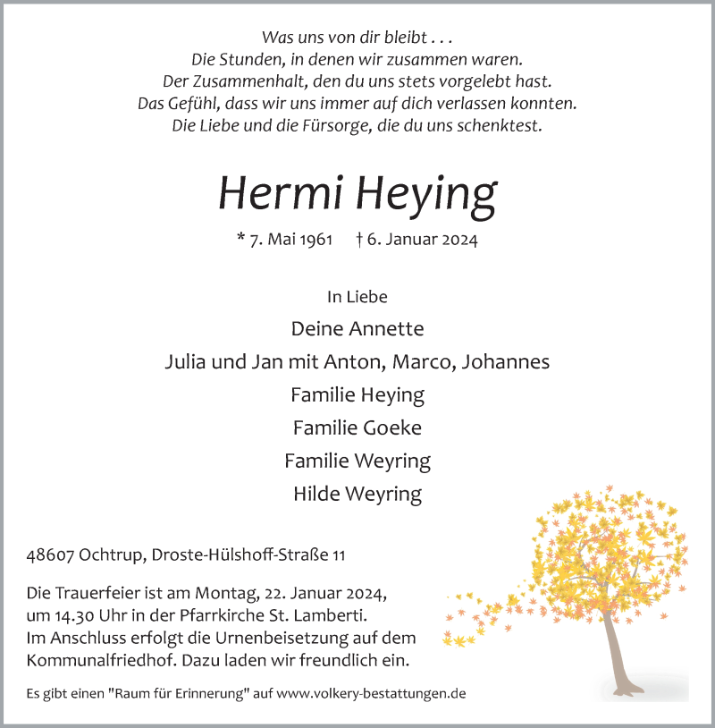  Traueranzeige für Hermi Heying vom 12.01.2024 aus 