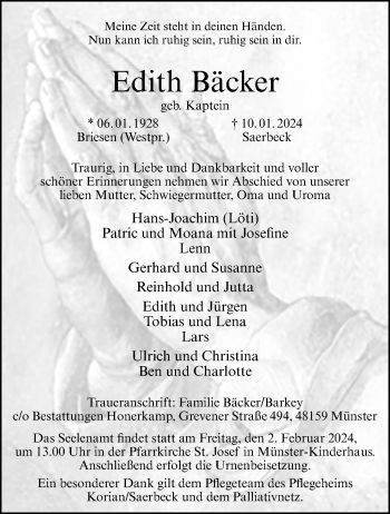 Anzeige von Edith Bäcker 