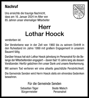 Anzeige von Lothar Hoock 