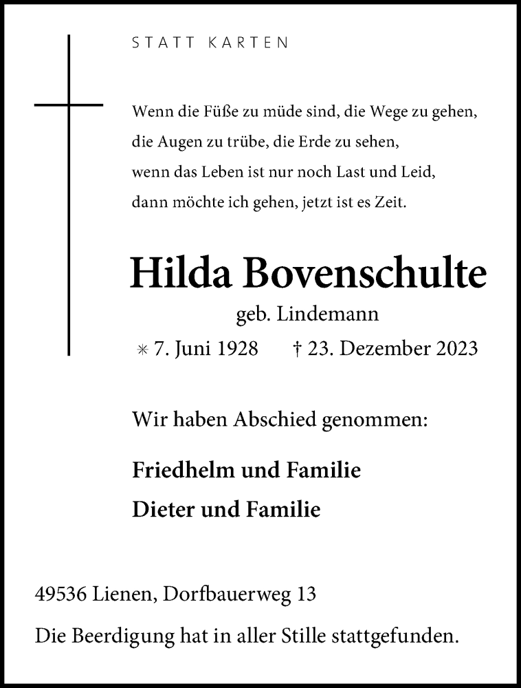  Traueranzeige für Hilda Bovenschulte vom 30.12.2023 aus 