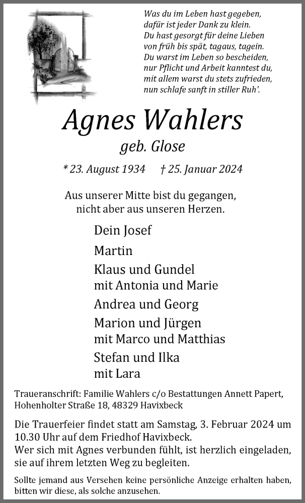  Traueranzeige für Agnes Wahlers vom 31.01.2024 aus 