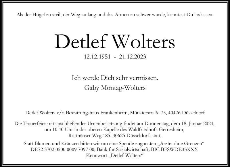  Traueranzeige für Detlef Wolters vom 13.01.2024 aus 