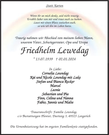 Anzeige von Friedhelm Lewedag 