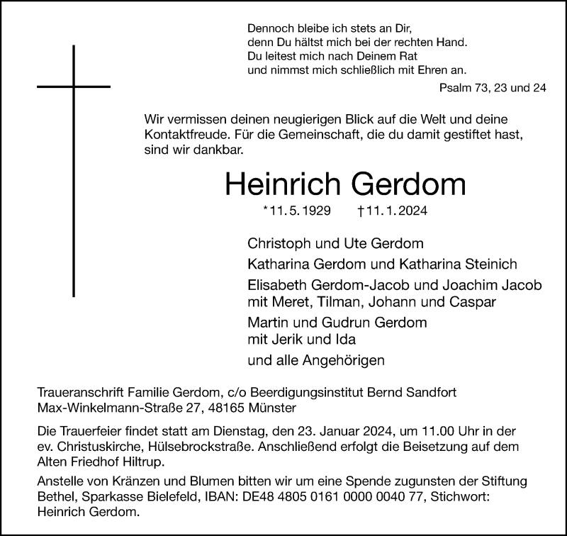  Traueranzeige für Heinrich Gerdom vom 17.01.2024 aus 