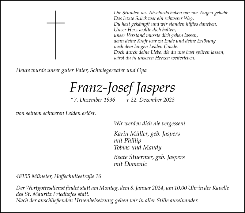  Traueranzeige für Franz-Josef Jaspers vom 30.12.2023 aus 