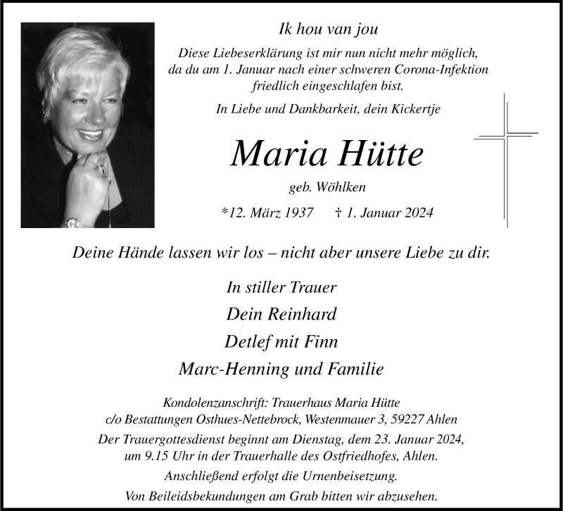  Traueranzeige für Maria Hütte vom 13.01.2024 aus 