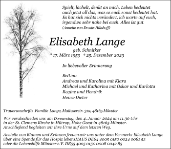 Anzeige von Elisabeth Lange 