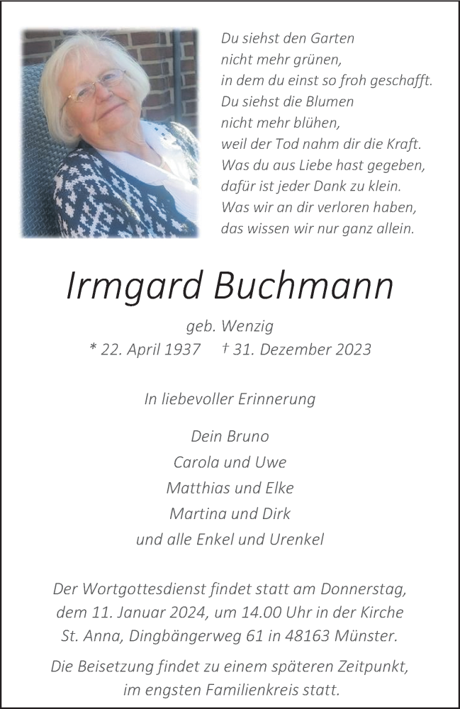  Traueranzeige für Irmgard Buchmann vom 06.01.2024 aus 