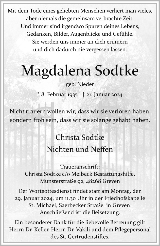  Traueranzeige für Magdalena Sodtke vom 24.01.2024 aus 