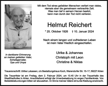 Anzeige von Helmut Reichert 
