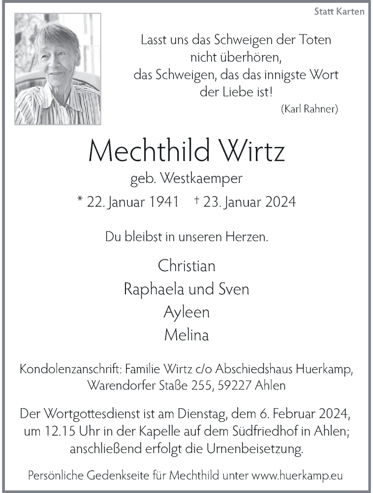  Traueranzeige für Mechthild Wirtz vom 31.01.2024 aus 