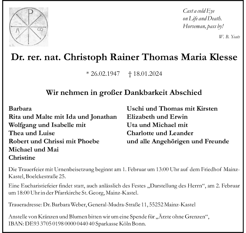  Traueranzeige für Dr. Rer. Nat. Christoph Rainer Thomas Maria Klesse vom 27.01.2024 aus 