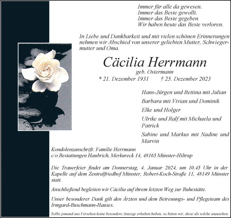  Traueranzeige für Cäcilia Herrmann vom 30.12.2023 aus 