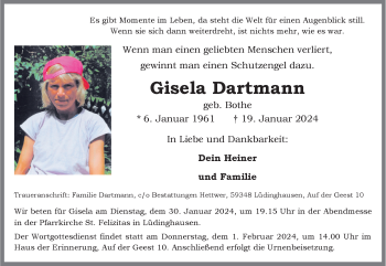 Anzeige von Gisela Dartmann 