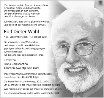 Anzeige von Rolf Dieter Wahl 