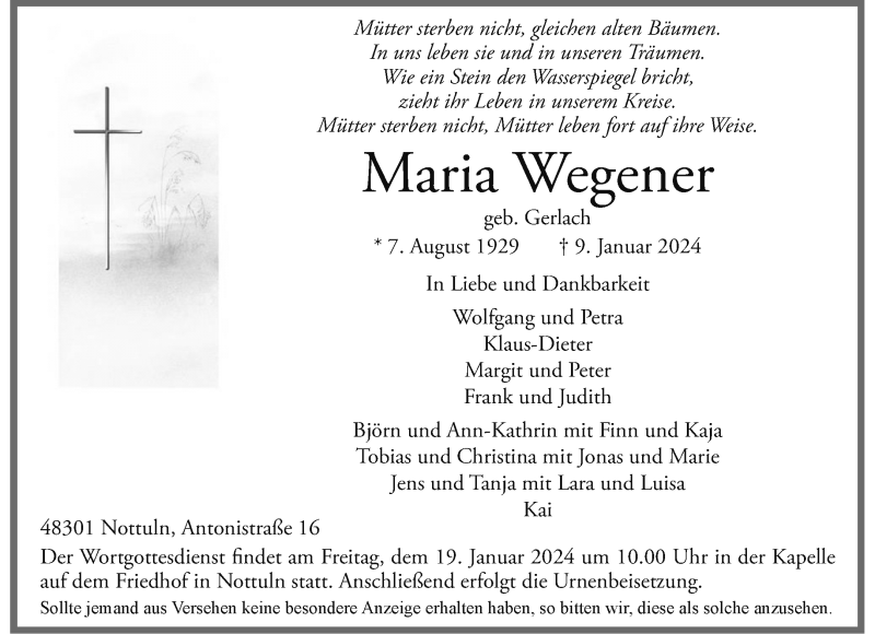  Traueranzeige für Maria Wegener vom 13.01.2024 aus 