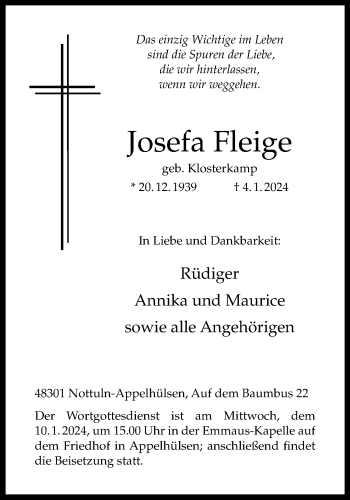 Anzeige von Josefa Fleige 