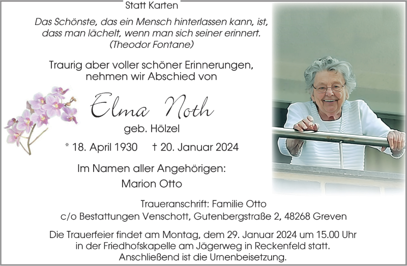  Traueranzeige für Elma Noth vom 27.01.2024 aus 