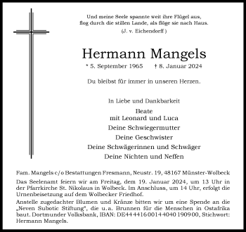 Anzeige von Hermann Mangels 