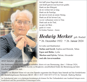 Anzeige von Hedwig Merker 