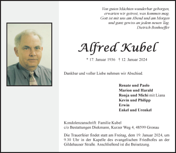 Anzeige von Alfred Kubel 