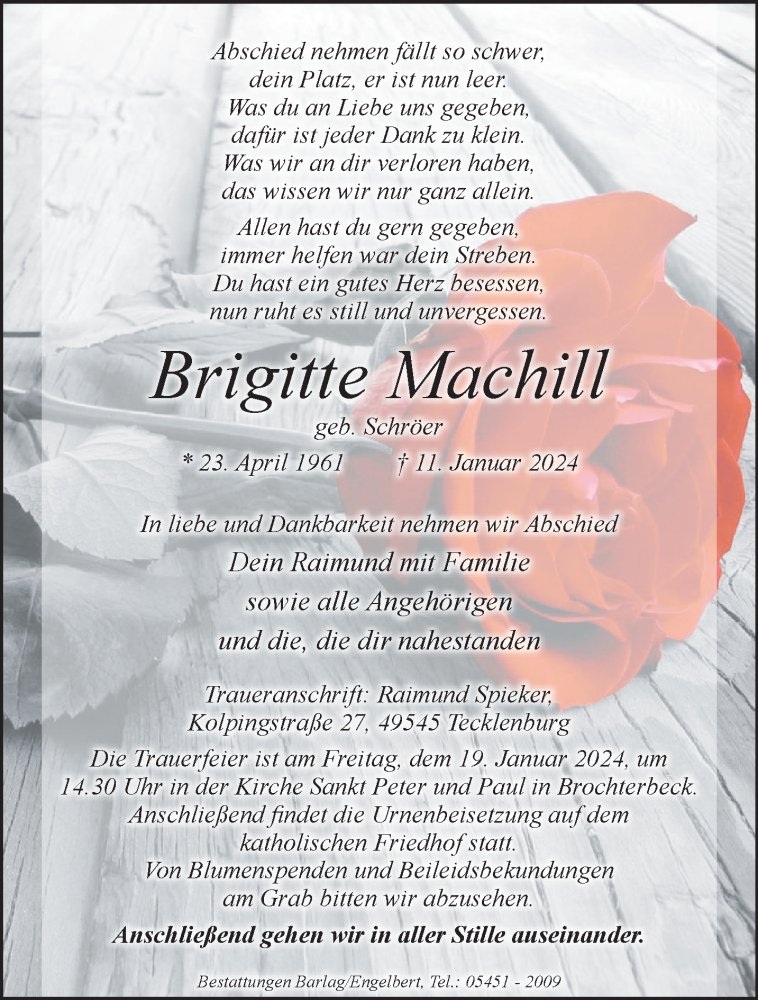  Traueranzeige für Brigitte Machill vom 18.01.2024 aus 