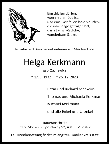 Anzeige von Helga Kerkmann 