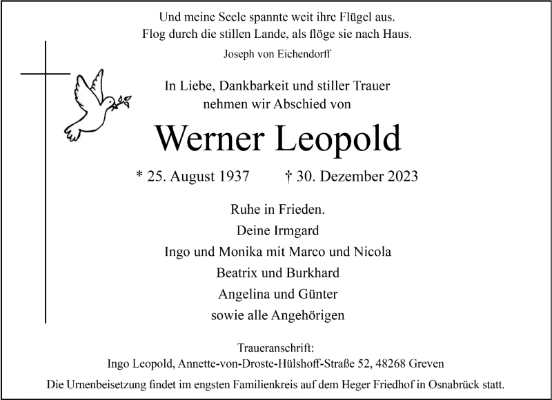  Traueranzeige für Werner Leopold vom 10.01.2024 aus 