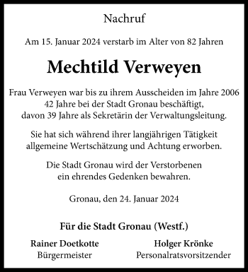 Anzeige von Mechtild Verweyen 