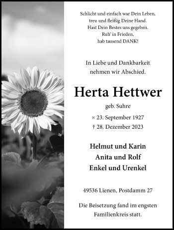Anzeige von Herta Hettwer 