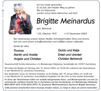 Anzeige von Brigitte Meinardus 