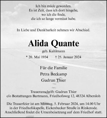 Anzeige von Alida Quante 