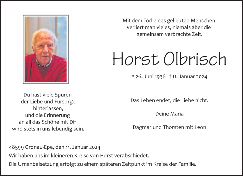  Traueranzeige für Horst Olbrisch vom 20.01.2024 aus 